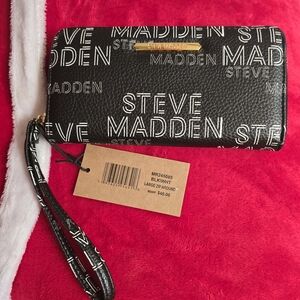 Steve Madden Black and White Logo Wristlet